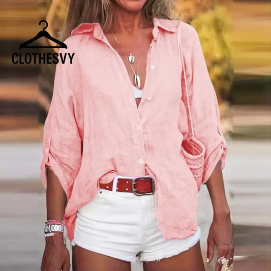 Clothesvy Women Vintage Cotton Linen Blouse Oversized Pink / S Clothing